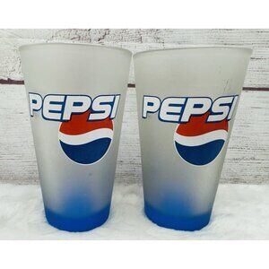 Vintage PEPSI Logo Tall 7" Frosted Glass Tumbler 14 Oz Used Set of 2